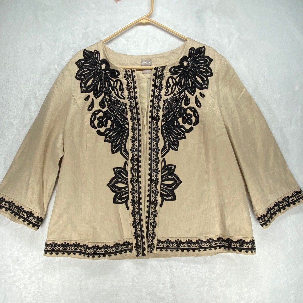 Chico's Embroidered Linen Jacket Open Front Beige Black Size‎ 3 (16/18)